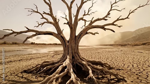 Leafless Ancient Tree Standing on Cracked Dry Earth in Arid Desert Valley