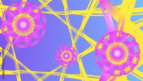 Foto Vibrant cosmic blooms radiating on an entangled luminous yellow network over a g