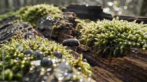 Mossy Forest Floor Glistening with Dew in Warm Morning Sunlight Closeup