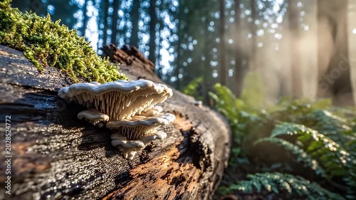 White Shelf Mushroom Growing on Mossy Fallen Log in Sunlit Forest