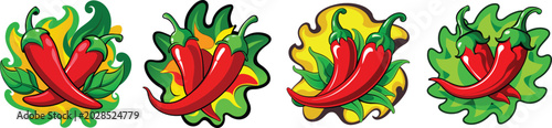Red chili peppers with green leaves and yellow flames vector illustration isolated on white
