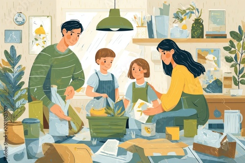 Parents teaching kids about recycling at home, sustainability education concept