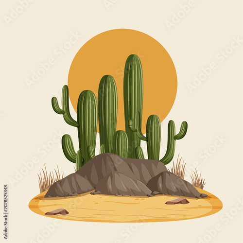 Flat Vector Desert Landscape with Saguaro Cacti, Rocks and Sunset Sun