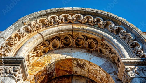 Intricate Romanesque stone arch tympanum with carved biblical motifs in heritage architecture detail