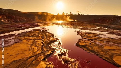 Steaming Geothermal Pool Glowing at Sunset in Rocky Barren Landscape