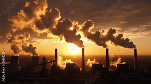 Industrial Smokestacks Releasing Thick Smoke at Fiery Sunset Skyline