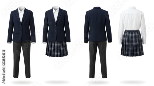 Clean and professional school uniform set for students, showcasing front and back views of blazers, shirts, skirts, and trousers