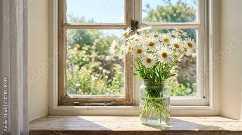 A bouquet of white daisies sits in a clear jar on a wooden windowsill. Sunlight streams through the window, illuminating the flowers and casting a warm glow on the surrounding area.
