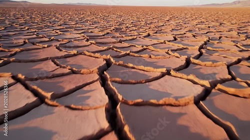 Cracked Desert Ground Stretching Across Arid Dry Lakebed in Warm Evening Light