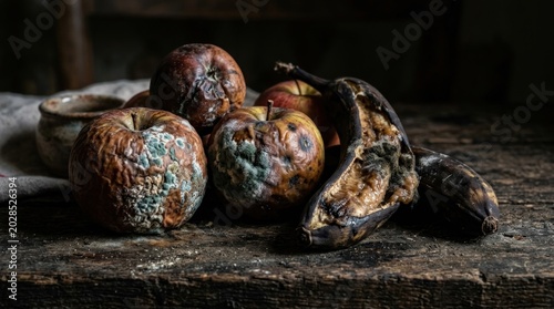 A dark still life composition features a cluster of decaying apples and overripe bananas resting on a weathered wooden table.