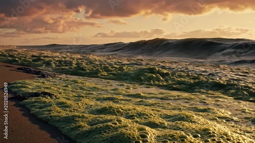 Ocean Waves Rolling Across Foamy Shoreline at Golden Sunset Beach