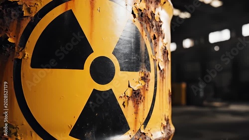 Radiation Warning Sign Rusted Surface Peeling in Abandoned Industrial Building