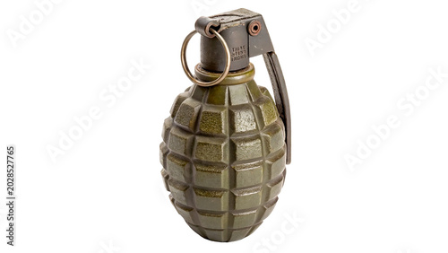 Fotografi An authentic military fragmentation hand grenade weapon made of textured olive s