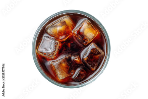 Glass cup of iced black coffee with square ice cubes centered top view isolated on transparent background for cold summer beverage marketing and professional cafe menu design
