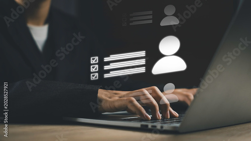 Bild auf Leinwand Human resources management and digital recruitment concept with employee profile interface and checklist on laptop, HR technology for candidate evaluation, workforce selection and hiring process