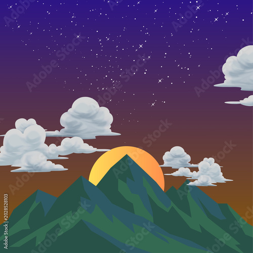 Flat Vector Mountain Sunset Landscape with Clouds, Birds and Orange Sky