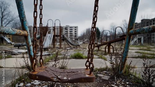 Rusty Playground Swing Hanging in Abandoned Urban Park