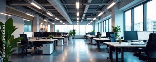 Modern office interior with bright, energy-efficient LED lighting fixtures installed in the ceiling, providing ample illumination for workspace productivity , lighting design, clean design