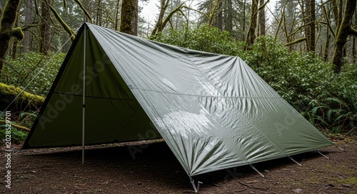 Waterproof Tarp Set Up in Forest Providing Outdoor Shelter