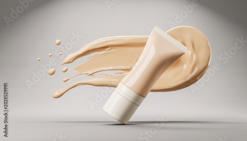 Cosmetic fluid dispenses dynamically from a soft tube against a subtle background