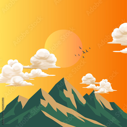 Flat Vector Mountain Sunset Landscape with Clouds, Birds and Orange Sky