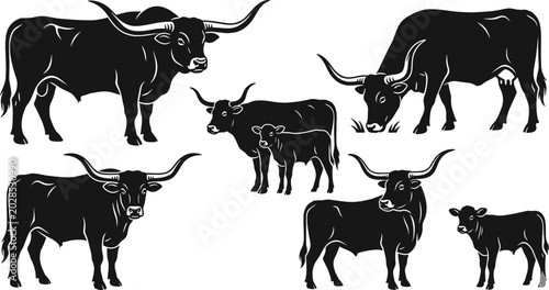 Bild auf Leinwand Texas Longhorn Cattle Silhouette Vector Icon Set Featuring Bulls Cows and Calves