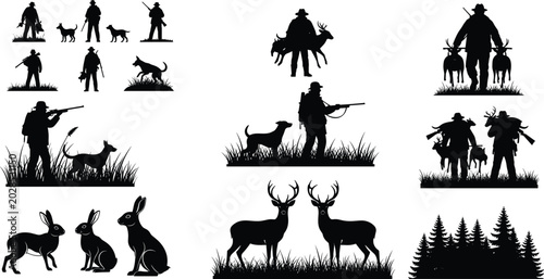 Photography Hunter and Wildlife Silhouette Collection with Deer Rabbits Hunting Dogs Forest