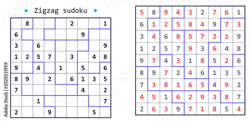 Schilderij op canvas Zigzag sudoku puzzle and solution for brain training, irregular jigsaw logic gri