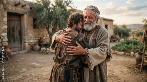 The prodigal son returning home. An elderly father embracing his repentant son in a biblical setting. Concept of forgiveness and reconciliation