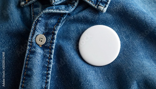 White button badge pinned on denim shirt, top view. Mockup for design