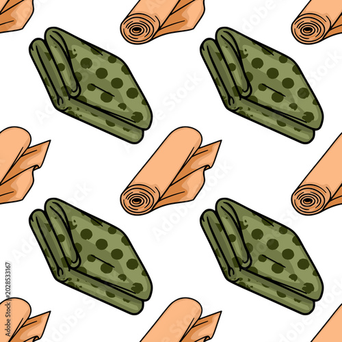 Obraz na plátně Seamless vector pattern of rolled fabric swatches in green with dark polka dots