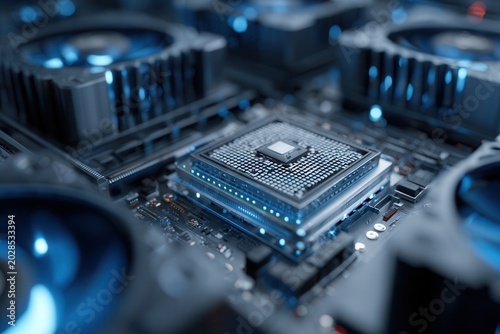 Computer processor on motherboard with blue lights and fans