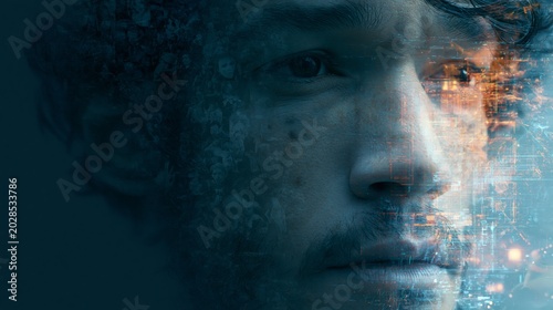 Surreal Portrait of Man Split Between Fading Memories and Futuristic AI Holograms, Cinematic Identity Anxiety Concept with Editorial Copy Space