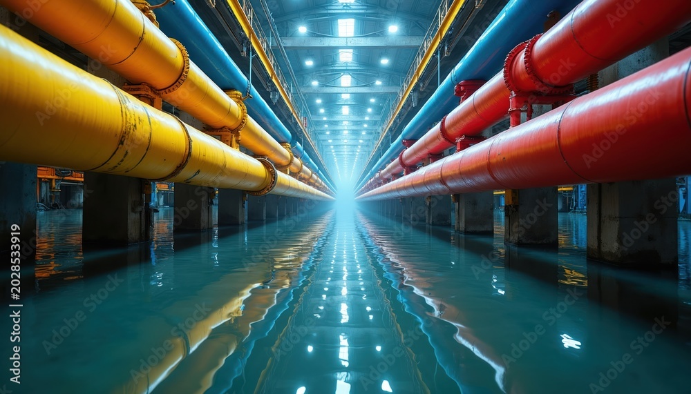 Obraz premium Rows of industrial pipes in factory with water flooding floor. Bright lights shine down on plumbing and metal tubes. Reflective surface shows long corridor illusion.