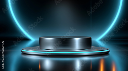 Futuristic neon podium stage with glowing circle and dark industrial background
