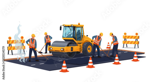 Vector illustration of road construction and asphalt paving with heavy machinery and workers