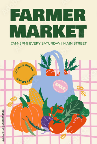 Vertical banner for a Farmer Market event with fresh vegetables and a shopping bag. Harvest poster featuring pumpkin, tomato, and corn on a tablecloth.