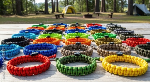 Colorful Paracord Bracelets Displayed Outdoors in Nature Setting