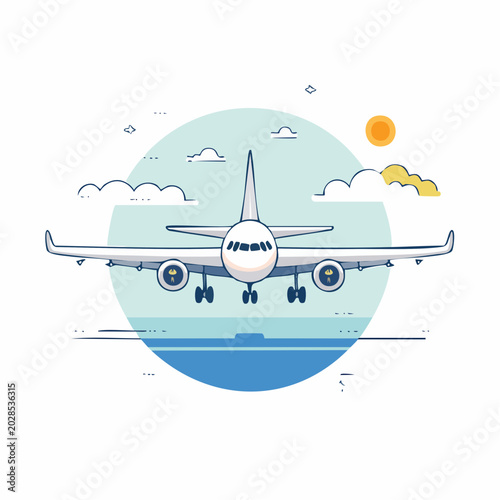 Airplane flying over water with clouds and sun