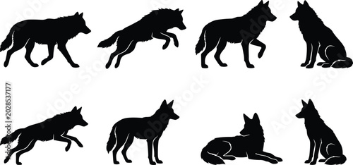 Quadro em tela Wolf Silhouette Collection Featuring Standing Running Jumping and Sitting Wild A