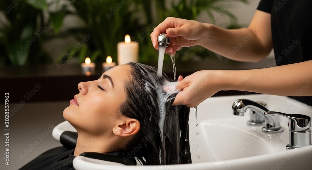 Naklejka premium Woman enjoying a relaxing hair wash at a salon with candles.