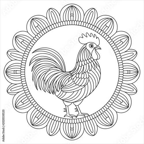 Rooster, black line art, ornate frame, vector illustration, farm animal