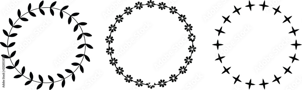 Fototapeta premium Minimalist floral wreath and laurel border vector illustration set in black and white style for elegant decorative frames design