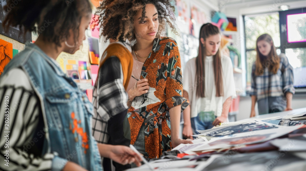 Obraz premium A group of fashion students in a classroom surrounded by mood boards and sketches. One student is using a fabric swatch made from upcycled denim reflecting the influence of