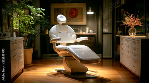 Empty modern white dental chair in a comforting and relaxing upscale clinic room