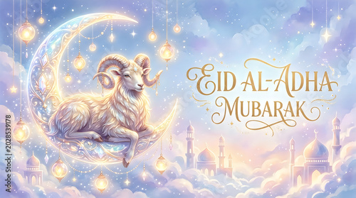 Beautiful 3D pink and gold glowing crescent moon and goat background for Eid ul Adha and Eid Mubarak celebration for elegant spiritual theme greeting card and fantasy wallpaper design art