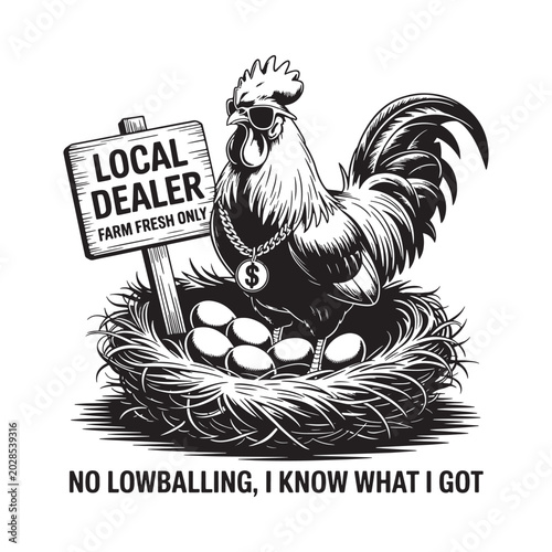 Rooster illustration with sign and eggs black and white engraving