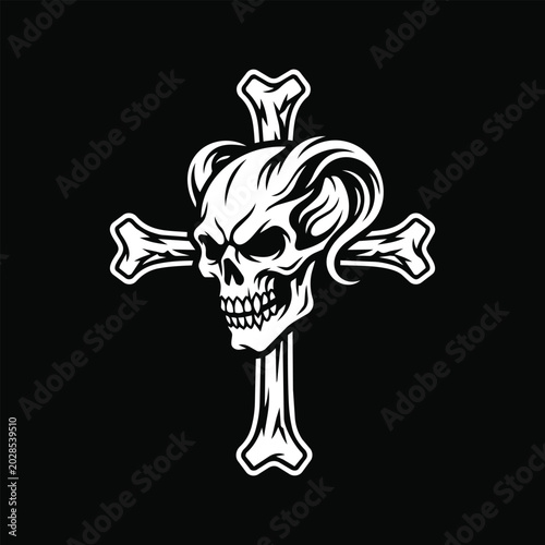 Gothic Skull with Curly Hair Centered on Crossed Bones Cross Design