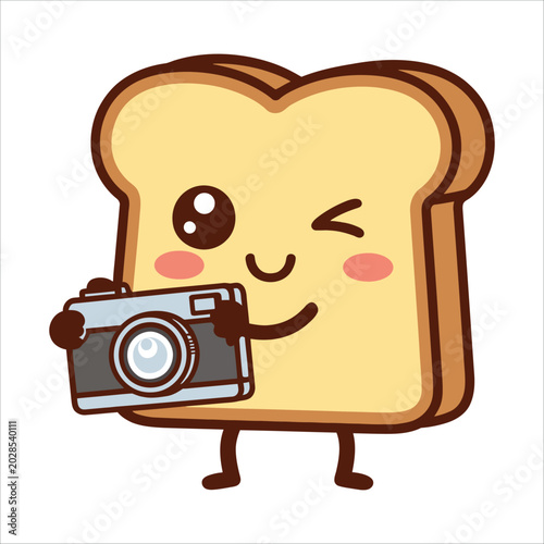 Adorable Toast Mascot with Camera Kawaii Illustration