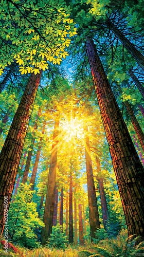 Forêt majestueuse avec rayons de soleil filtrant entre grands arbres